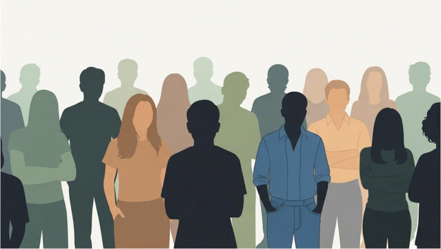 A diverse crowd of people illustrated in various colors and poses using 2D CAD Vector graphics.