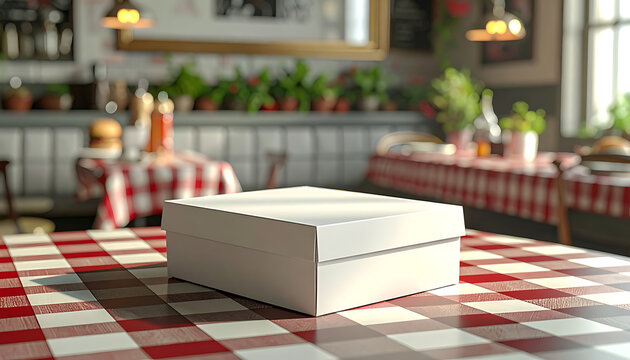 Blank white pizza box resting on a red and white checkered tablecloth inside a casual restaurant, perfect for food delivery or takeout concepts