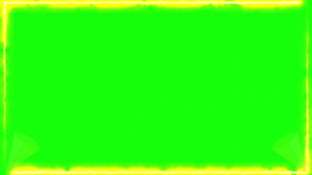 Vibrant fireworks exploding on bright green screen with gold borders and confetti