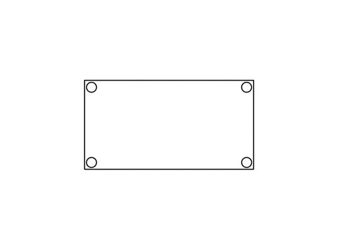 Simplified CAD wireframe showing a basic rectangular component with corner attachment points, useful for technical diagrams and industrial design layouts