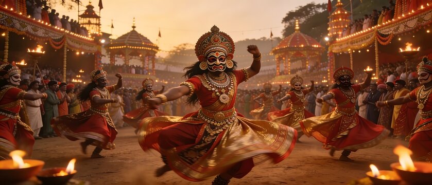 Traditional Chhau dance performance by masked artists at an Indian festival