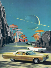 A convertible was driving down a road in the middle of a valley, lined with giant mushrooms, and offering a view of the night sky with a large image of Saturn © Lerson Pannawit