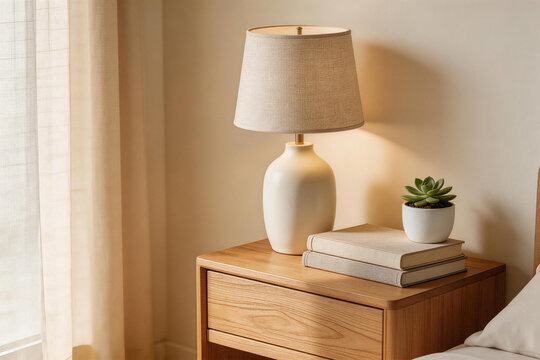 Minimalist bedroom nightstand with lamp, succulent plant, and stacked hardcover books