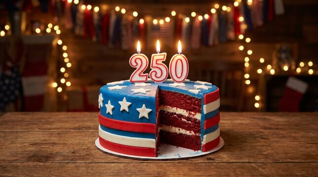 American Independence Day 250th Anniversary Dessert with Flag Cake and Festive Decorations
