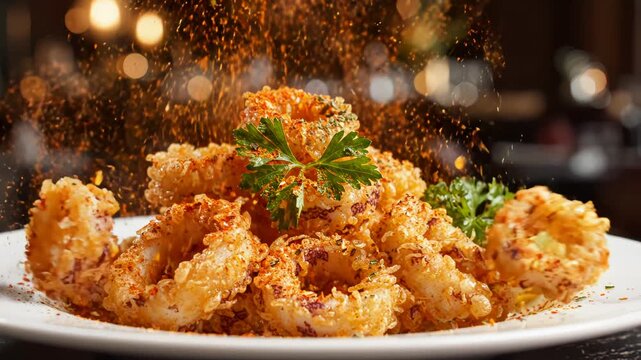 Fried calamari with lemon and parsley perfect for UI/UX elements and digital motion graphics