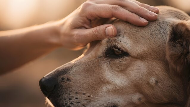 Close up of human hand gently petting faithful golden dog head outdoors at sunset