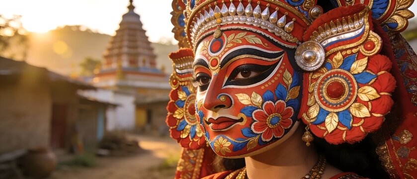 Traditional Chhau Dancer Wearing Ornate Red Mask in Purulia West Bengal at Golden Hour