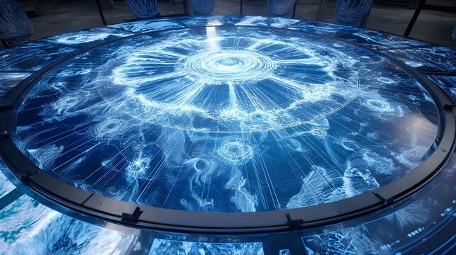 Circular Interactive Dashboard with Blue Radar Graphics and Technical HUD Layout for Advanced Weather Forecasting Simulation