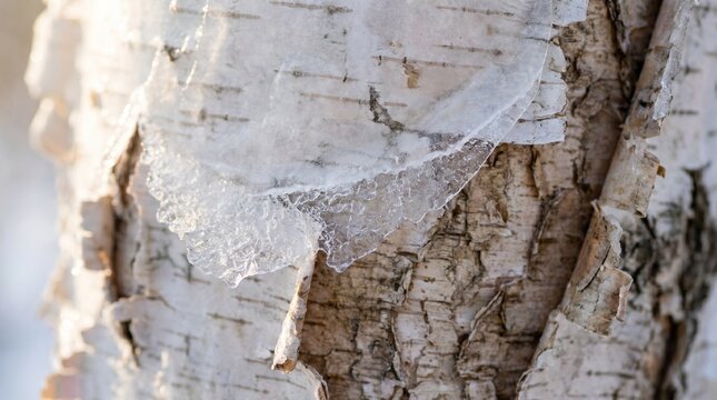 Winter Birch Bark Ice Thin Sheet Peeling Macro
