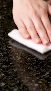Hand wiping black granite countertop with white cloth.