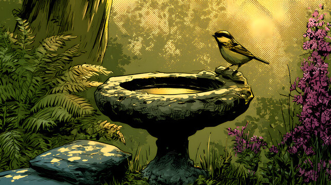 Comic book style cottage garden scene with stone bird bath and charming outdoor poster