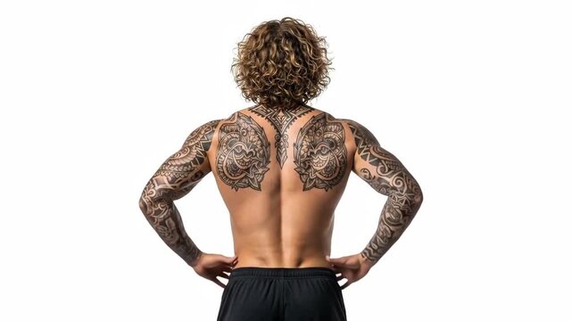 Intricate back and arm tattoos displayed from rear view