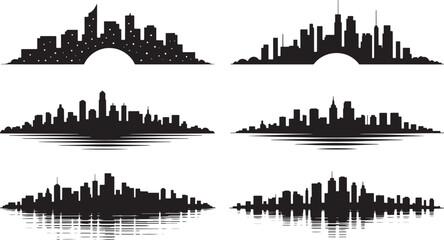 Obraz premium City skyline silhouettes icons set in solid style for urban architecture on white background