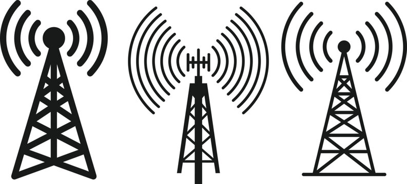 Antenna tower silhouettes with signal waves for communication, Transmitter tower icons for radio broadcasting, Radio tower graphics showing cellular network transmission.
