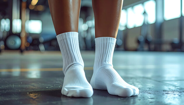 Close up on athletic legs and feet wearing white textured socks, standing on a wet gym floor with blurred fitness equipment in background, conveying effort and determination