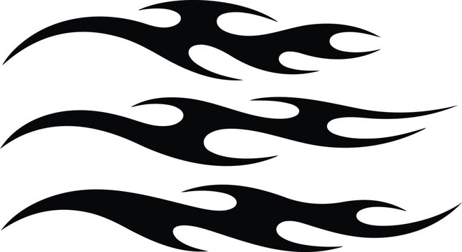 Set of three sleek horizontal tribal flame silhouettes isolated on white background for vehicle decals and design