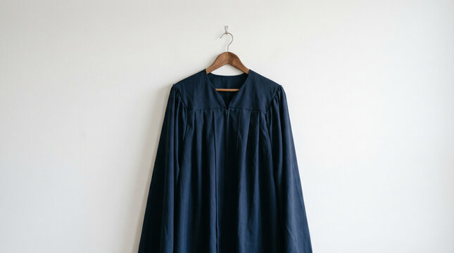 Dark Blue Academic Robe Suspended from a Timber Clothes Hanger Against a Plain White Surface, Representing Scholarly Regalia Worn at Commencement Ceremonies Marking Educational Attainment and Future