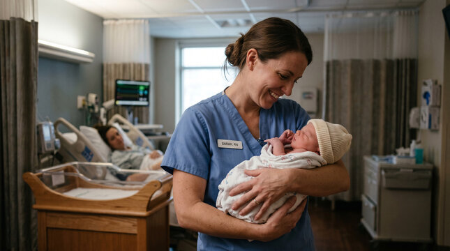 A smiling female nurse in blue scrubs gently cradles a swaddled newborn baby in a hospital maternity ward, while the mother rests in the background. Professional neonatal care and medical support.