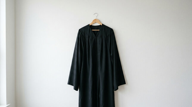Minimalist black graduation gown hanging on a wooden hanger against a clean white wall. Symbolic academic robe for university commencement, college degree achievement, and student success.