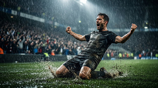 Intense professional soccer player celebrating a winning goal by sliding on his knees through mud and rain on a wet pitch during a night match in a packed stadium with bright floodlights.