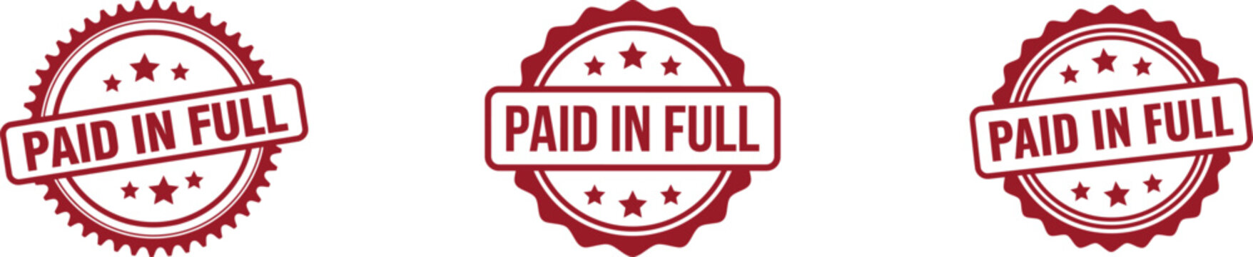 Paid in full red rubber stamps with scalloped borders and stars, Paid in full circular seals for payment verification, Paid in full maroon vector icons for business transactions.
