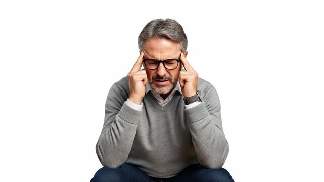 Man with glasses holding temples in thoughtful pose