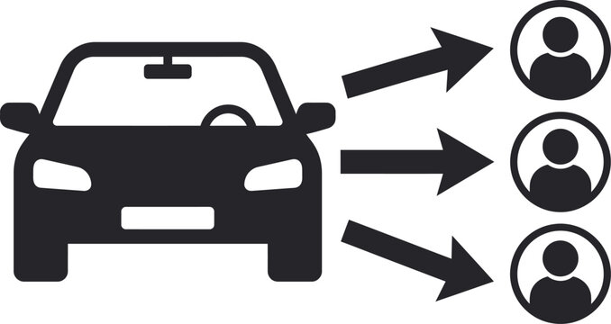 Car sharing icon with front automobile pointing arrows to users, Ridesharing vector featuring car silhouette connected to person icons, Carpooling graphic showing vehicle directing to passengers.