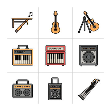 Minimalist music hardware and acoustic instruments icons for sound engineering and design.