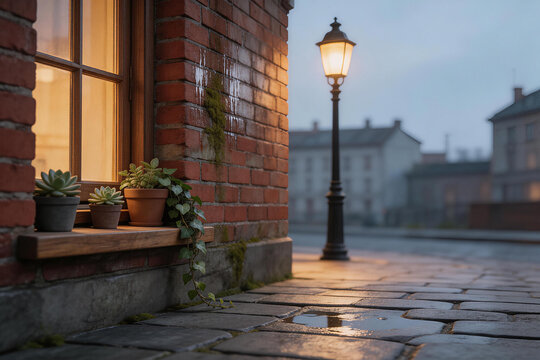 Cozy street scene with potted plants on a brick window ledge and a lit street lamp at dusk