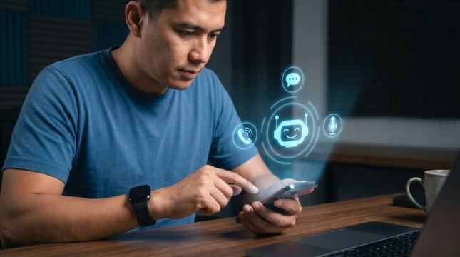 smartphone projecting futuristic multi-channel AI digital assistant hologram in a dark home office