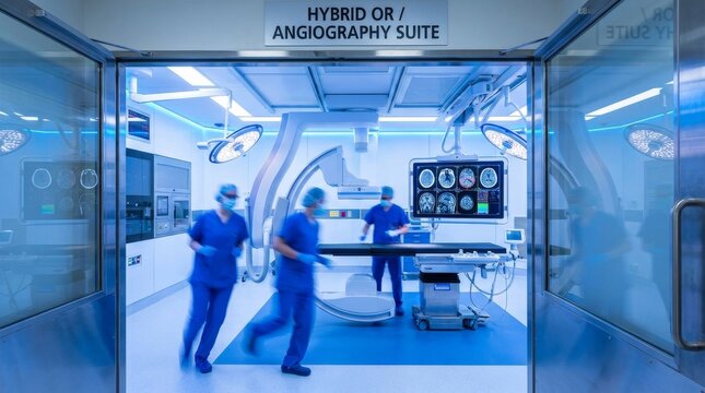 Medical team in motion inside an advanced neurovascular urgent care suite with brain imaging monitors