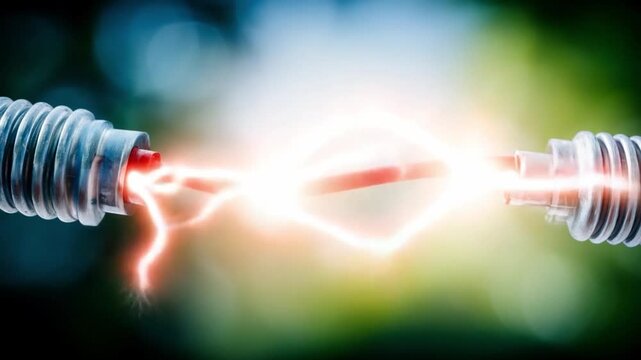 Electric Spark Between Two Wires: A dramatic close-up captures a brilliant electric spark arcing between two metallic wires.