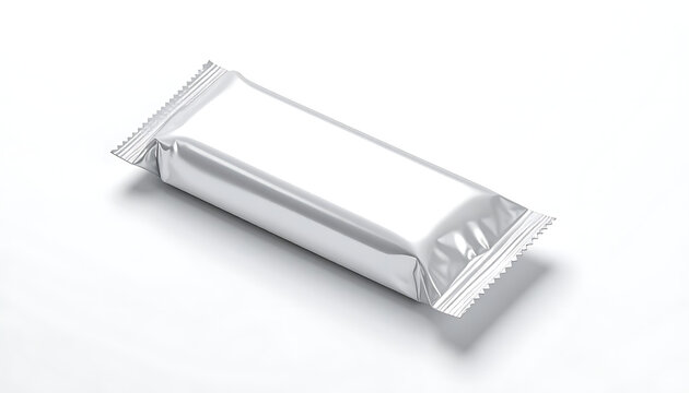 Isolated silver foil packaging for a snack bar or candy, empty wrapper with copy space, product mockup