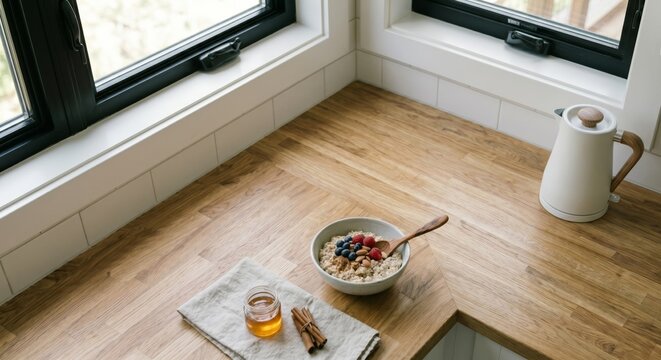 Modern minimalist kitchen with large wooden tabletop in the foreground, generated AI