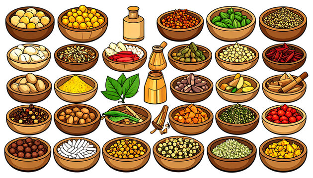 Collection of pixel art bowls filled with various spices, herbs, grains, and seeds, a digital representation of ingredients for cooking and culinary use.