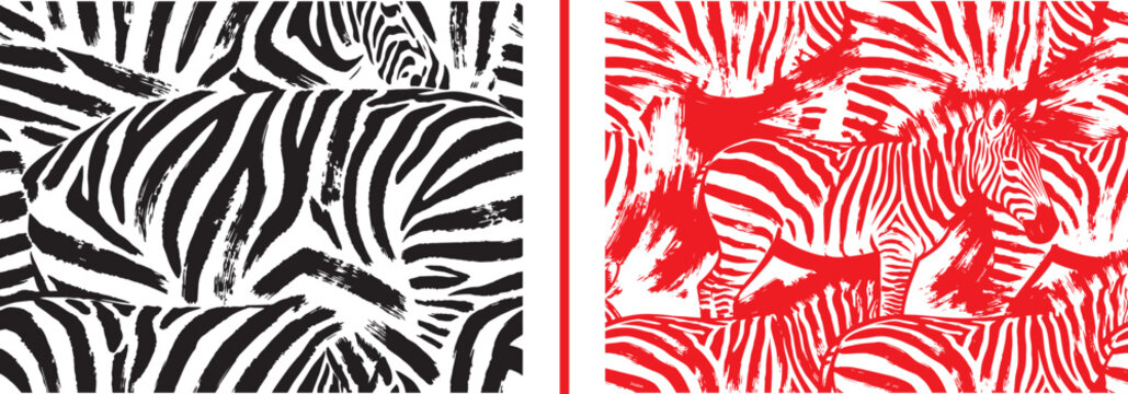 Zebra animal print pattern and full zebra illustration with brush stroke texture in black and red color variations