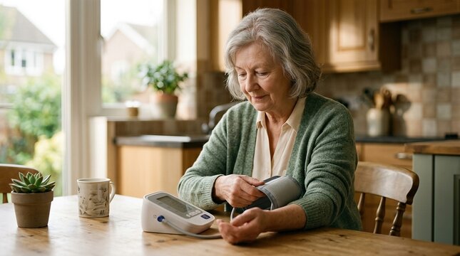 Senior woman checking blood pressure monitor at wooden table. Healthy lifestyle and heart health monitoring concept for senior care