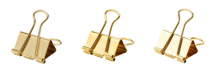 Obraz premium Gold metallic binder clips set isolated on transparent background