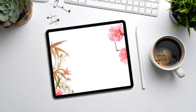 Flat lay of a tablet displaying digital art with floral elements, alongside a coffee cup, plants, and a keyboard on a white desk, workspace mockup