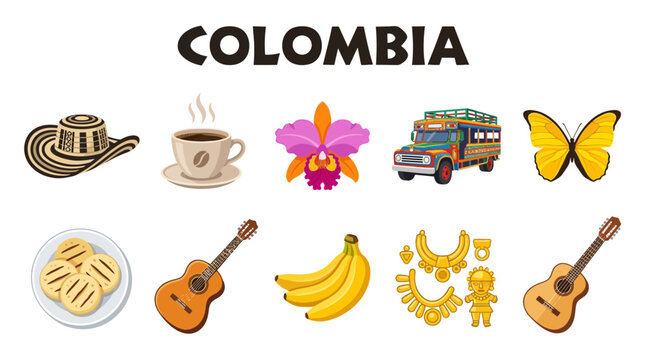 Collection of Colombian Cultural Symbols and Icons.