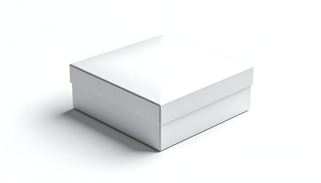 Isolated white closed square gift box on white background with soft shadow, product packaging mockup, presentation display