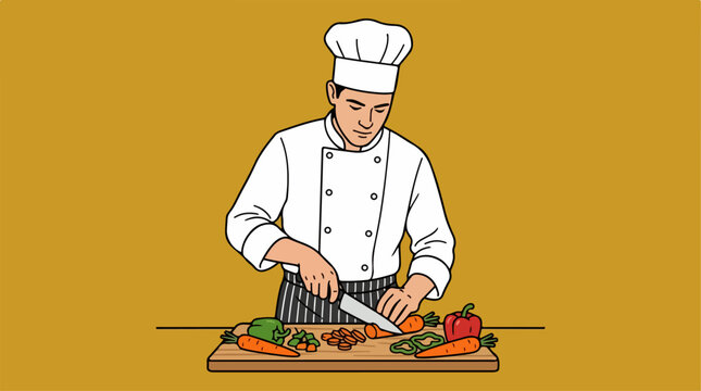 Chef cutting meat on board.