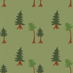 Obraz premium Seamless forest tree pattern on warm olive green background
