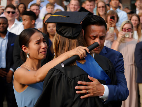Emotional graduation moment with a graduate being hugged by her parents in a crowd