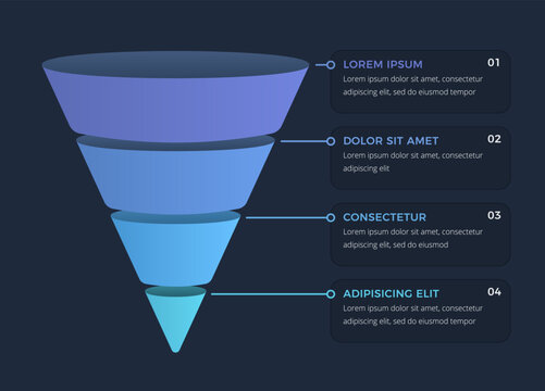 Business infographic template featuring a four stage vertical funnel diagram designed for marketing analysis, sales process visualization, and data presentation in corporate reports or digital present