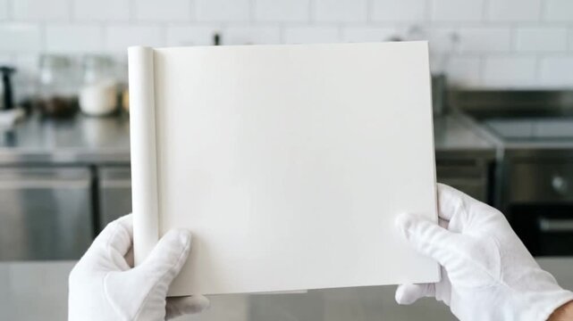 Hands wearing white gloves holding a blank sheet of paper in the kitchen.