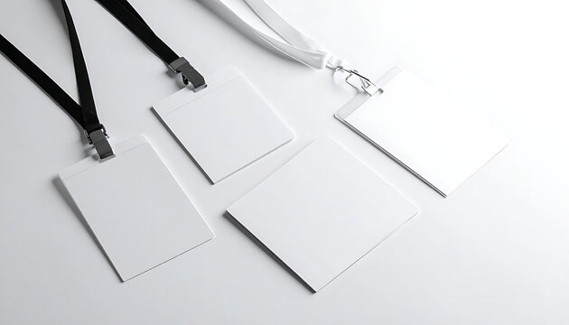 Four blank identification badges with black and white lanyards arranged on a clean white surface, perfect for event access or security passes