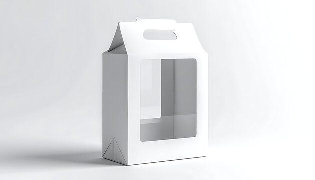 Isolated white gable top box with window cutout, empty packaging for products, retail display, mockup