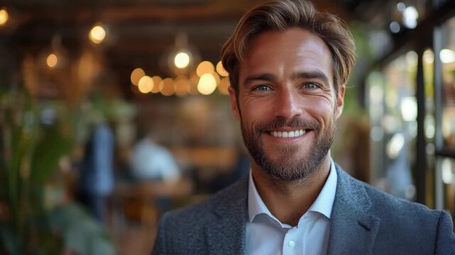 Confident Professional Smile: A handsome man with a warm smile and stylish beard, dressed in a sharp suit, exudes confidence and charisma in a blurred cafe setting.