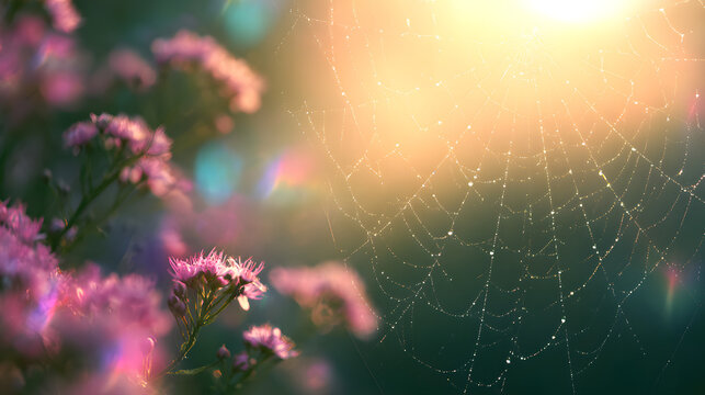 Premium wellness nature background with sparkling spider web and peaceful sunrise glow